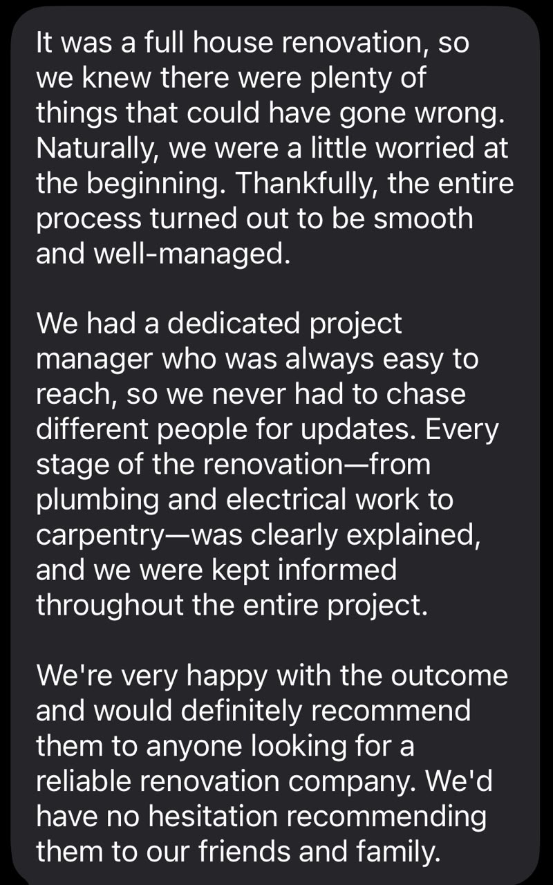 Client testimonial - full house renovation